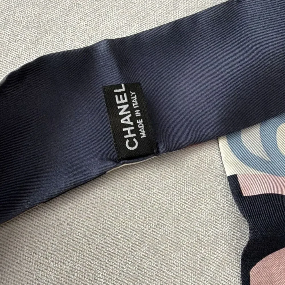 Chanel 100% Silk Slim Bandeau Scarf Navy Blue Pink Letter Print Logo Twilly